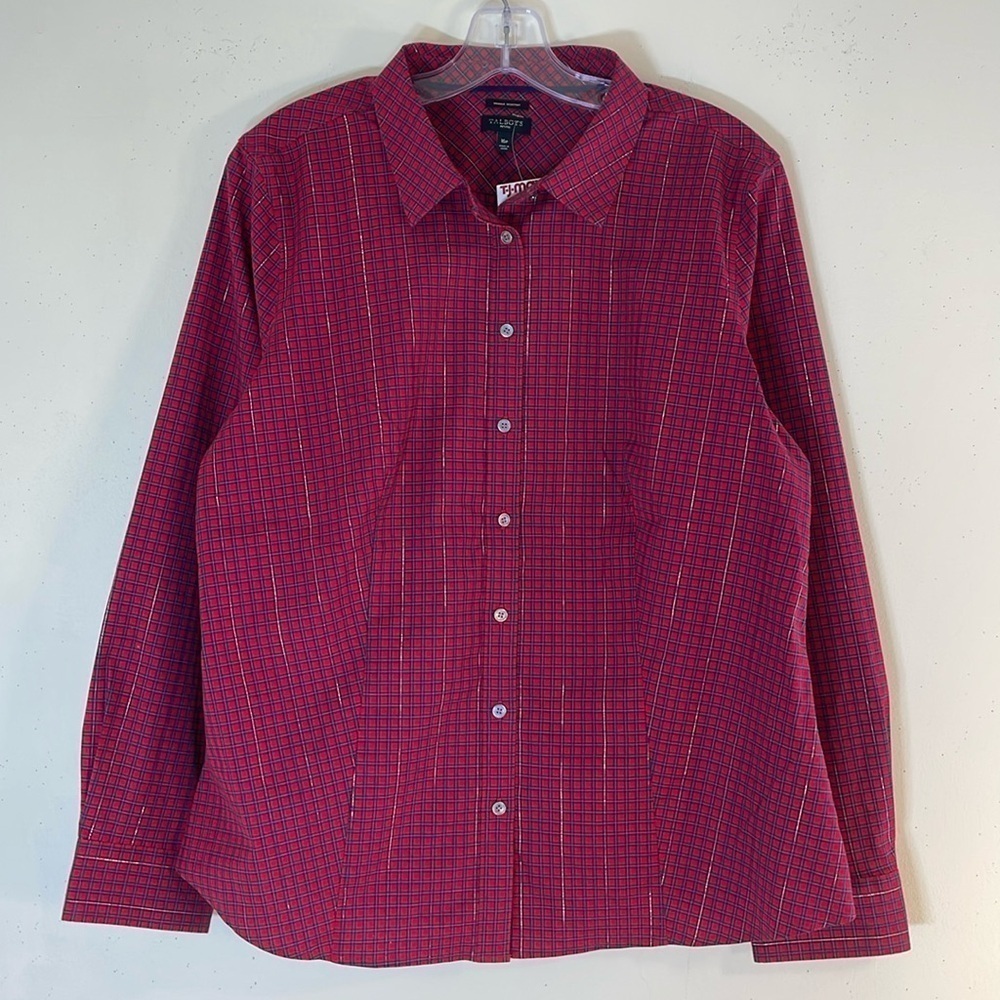Talbots Wrinkle Resistant Glitter Plaid Button Up Shirt. 16P. NWT.